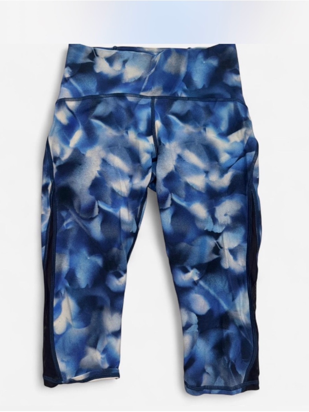 Lululemon Blue Abstract Print Crop Leggings Hidden Pocket Mesh Panels Size 6 - Picture 4 of 8